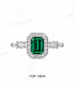 Elegant halo <b>ring</b> in 18K white gold with emerald cut green diamond micro pave halo and side diamonds luxury bridal couture desig - Product Image 4