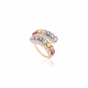 Anillo de Compromiso de Oro Amarillo de 14K con Diamantes y Zafiros Multicolor Arcoíris, Diseño Exclusivo, Joyería con Piedras Preciosas Naturales - Product Image 3