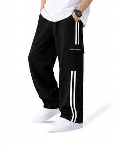 ONETEN APPAREL <b>Men's</b> Black Polyester Lightweight Embroidered Sweatpants <b>White</b> Side Stripe Cargo Pocket <b>Joggers</b> Casual Trousers - Product Image 1