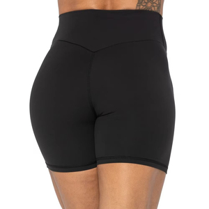 Shorts de yoga taille haute pour femme, noir uni, respirant, en tricot de spandex et polyester, coupe sportive ajustée, style skinny, taille élastique - Product Image 4