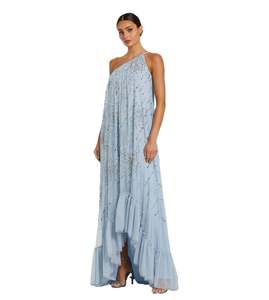 Vestido de noche azul claro de un solo hombro con lentejuelas, de gasa, corte imperio, línea A, cola capilla, largo hasta el suelo - Product Image 5