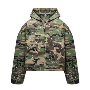 Sudadera con capucha de moda con logo personalizado estampado, camuflaje y pedrería, con cremallera, de algodón grueso y forro polar, estilo oversize, streetwear unisex - Product Image 1