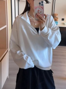 Women's Black Stand Collar <b>Zip</b>-<b>Up</b> Sweatshirt Regular Sleeve Solid Color Casual Knitted Cotton Top Autumn Wear - Product Image 6