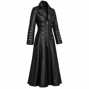 Men's Black Gothic <b>Leather</b> <b>Long</b> <b>Coat</b> Full Length Victorian Style <b>Trench</b> <b>Coat</b> with Decorative Silver Buttons Front Zipper Coutom - Product Image 3