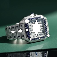 Nouvelle conception, montre mécanique de luxe faite à la main en acier inoxydable, boîtier carré, verre saphir, analogique, fermoir à bouton-poussoir, moissanite bleue