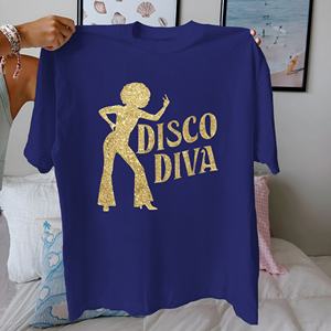 Disco Diva Gold Silhouette Camiseta de mujer 100% Algodón puro Ajuste cómodo Estilo casual con patrón impreso - Product Image 1