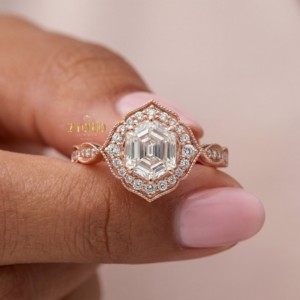 Anillo de compromiso con diamante de laboratorio hexagonal, halo, oro rosa, estilo vintage, joya personalizada, mayorista - Product Image 3