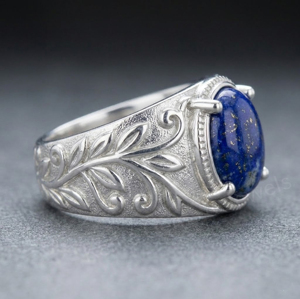 Best Selling 925 Sterling <b>Silver</b> 10x12mm Oval Shape Lapis Lazuli Gemstone <b>Ring</b> Bezel Setting Plant Pattern Unisex Everyday Wear - Product Image 2