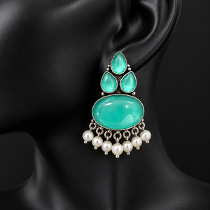 Boucles d'oreilles pendantes en argent oxydé avec pierres aqua-vertes et perles, style bohème ethnique indien, bijoux de déclaration, vente en gros - Product Image 2