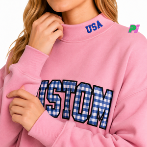 Sweat-shirt rose à col montant avec lettres en vichy et broderie sur le col, sweat-shirt personnalisé à col montant pour femme, pull pour l'automne - Product Image 6