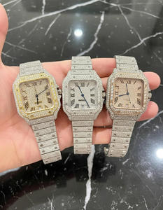 Superbe montre-bracelet de luxe pour homme en acier inoxydable, entièrement sertie de pierres, mouvement mécanique analogique, verre, résistance à l'eau 100 bars, bouton poussoir - Product Image 4