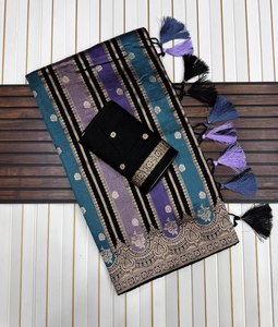 ผ้าซารีลายแจ็คการ์ดแบบราชวงศ์ ผ้าซารีจอร์เจตต์สีทองอร่าม ผ้าซารีผ้าเครปแบบดั้งเดิม ผ้าซารีลายทอแบบจารี ผ้าซารีลายทอแบบราชวงศ์ ผ้าซารีดีไซเนอร์ - Product Image 1