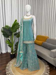 Designer Party Wear Thread And Sequence Work Fandy <b>Silk</b> Top With Plazzo And Fancy Dupatta Ready Made Suit Set - Product Image 4