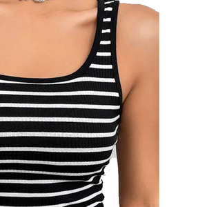 LAMA INDUSTRIES Women's <b>Black</b> White Solid Printed Knitted <b>Tank</b> <b>Top</b> Square Collar Vintage Casual CAMIS Breathable Spandex Cotton - Product Image 2