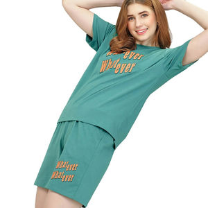 Conjunto de Verano para Mujer, Top Ventas, 100% Algodón, Transpirable, Informal, con Camiseta Estampada OEM y Pantalones Cortos - Product Image 3