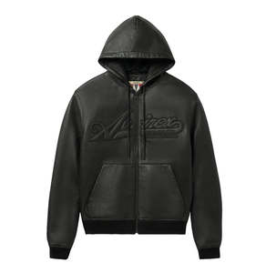 OEM ODM 100% High Quality Custom Avirex Men's Black Leather Hooded <b>Jacket</b> Embossed Logo Streetwear Zipper Front Regular Autumn - Product Image 2