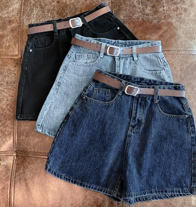 High Waist Denim Shorts Straight Leg Vintage Washed Cotton Casual Summer Shorts with Belt Solid Color - Product Image 4
