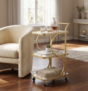 Luxury Iron 3-Tier 4-Wheel Bar Serving Cart Modern Rolling Beverage <b>Trolley</b> Wine <b>Storage</b> Rack for Home Hotel <b>Kitchen</b> Bathroom - Product Image 4