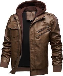Bomber Jacket Unisex PU Leather Maroon V-neck Collar Half Zip Closure Regular Loose Fit Casual Winter Style Hooded Thick Bamboo - Product Image 1