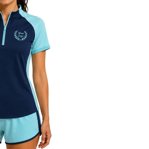 Ensemble de t-shirt et short de sport pour femme bleu marine et aqua, à demi-zip, séchage rapide, manches courtes, vêtements de sport, gym, fitness, course à pied, entraînement - Product Image 4