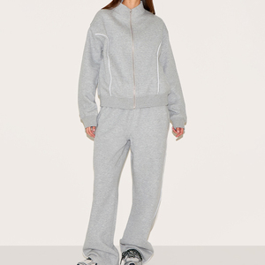 Conjunto Deportivo Gris para Mujer, Manga Larga, Corte Holgado, Cuello Alto con Cierre, Color Sólido, Ropa Casual con Bolsillos Laterales, Estilo Otoñal - Product Image 1