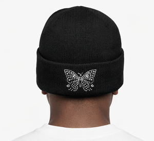 Bonnet en tricot jacquard personnalisé avec motif toile d'araignée brodé de strass et cristaux scintillants, bonnet à revers motif toile d'araignée - Product Image 4