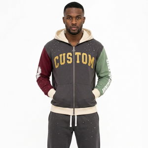 Sweat à capuche zippé pour homme avec strass et blocs de couleur, style universitaire personnalisé, streetwear, en molleton, à panneaux multicolores, style urbain USA - Product Image 5