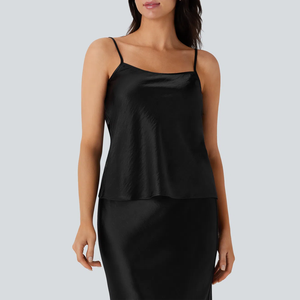 Débardeur en soie noire pour femme, col carré, élégant, en satin, longueur normale, couleur unie, tissu tissé - Product Image 1