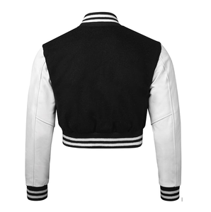 Veste universitaire pour homme, noir et blanc, manches en cuir PU, décontractée, col rabattu, fermeture éclair, coupe classique - Product Image 1