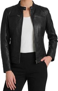 Chaqueta de Motociclista de Cuero Genuino para Mujer, Color Marrón, Cuello Alto, Cierre de Cremallera, Manga Larga, Estilo Biker, para Otoño - Product Image 3