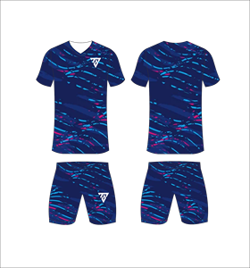 Custom sublimated soccer uniform set for men with dark blue and <b>red</b> and cyan dash pattern print jersey and matching shorts - Product Image 4