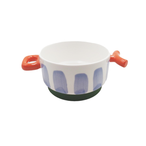 Bol à soupe en céramique créatif avec des éclaboussures bleues et des poignées rouges contrastées, vaisselle moderne - Product Image 2