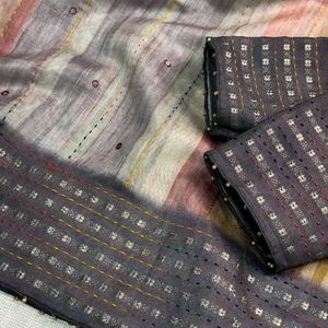 Sari Premium de Mezcla Tussah con Bordado a Mano Kantha, Trabajo de Espejo, Estampado Digital y Borde Jacquard Zari - Product Image 4