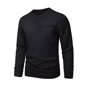 T-shirt en coton uni pour homme, décontracté, col rond, manches longues, nouveau t-shirt à manches longues pour homme avec poche - Product Image 1