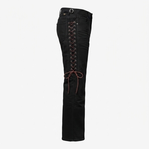 Jean en denim gothique pour homme, taille haute, coupe droite, avec broderie latérale à lacets, coupe classique, en coton délavé, style automne - Product Image 2