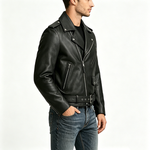 Custom Logo Embroidered Vintage Men Black Genuine Cowhide <b>Leather</b> Motorcycle <b>Jacket</b> Classic <b>Retro</b> Durable Asymmetrical Belt - Product Image 5