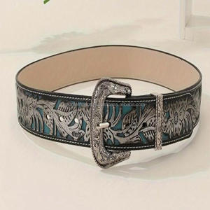 Ceinture en cuir occidentale personnalisée en gros, sculptée à la main, avec motif floral en relief, ceinture rétro avec boucle en diamant - Product Image 5