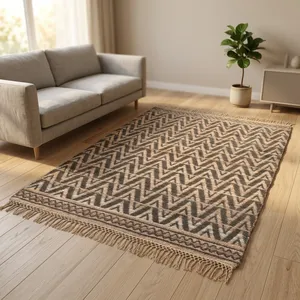 Alfombra Rectangular Tejida a Mano con Diseño Geométrico Jacquard, 50% Yute, 50% Algodón Chenille, Kilim de Fibra Natural - Product Image 2