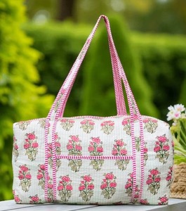 Large Cotton Pink Floral Print <b>Weekender</b> Duffel <b>Bag</b> with Striped Handles Large Capacity <b>Travel</b> <b>Bag</b> for Women - Product Image 2