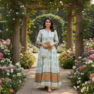 Traje indio de algodón con estampado floral amarillo y blanco para mujer |   Salwar Kameez Punjabi de Alta Calidad con Estampado a Mano |   Conjunto de Ropa Casual Étnica - Product Image 2