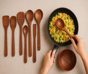 Juego de utensilios de cocina de madera de teca natural hechos a mano, modernos, ecológicos, ligeros, con mango largo, cuchara, espátula antiadherente - Product Image 3