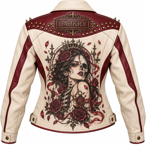Chaqueta de Cuero Roja y Blanco Hueso Personalizada para Mujer con Estampado de Calavera y Rosas, Estilo Biker, Proveedor de Servicios OEM ODM - Product Image 2
