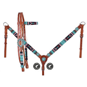 Hand <b>Tooled</b> <b>Leather</b> Western Headstall Bridle Conchos Braided Design Split Reins Custom Colors for Rodeo Barrel Racing Trail - Product Image 1