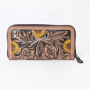 Venta caliente personalizable cuero de vaca plegable billetera Floral cierre de cremallera Vintage borla RFID monederos múltiples ranuras largas - Product Image 3