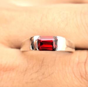 Garnet Men's Unisex Sterling <b>Silver</b> 14k Gold Plated <b>Emerald</b> Cut Red Gemstone Engagement Anniversary Wedding Luxury <b>Ring</b> - Product Image 1
