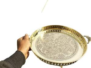 Round Gold Serving <b>Tray</b> with Handles Decorative Engraved Metal Tea Coffee <b>Snack</b> Serving Platter for Home Dining - Product Image 4