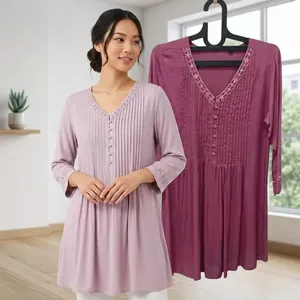 ชุดเดรสลำลองผ้าฝ้ายจีบสีพื้นคอวีแขนยาวสำหรับผู้หญิงสำหรับทุกฤดูกาล - Product Image 3