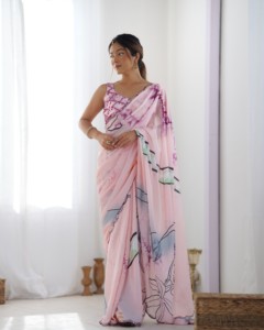 Pink Digital Printed Heavy Chinnon Saree With Floral Design For Women <b>Wedding</b> Wear Print Work with Beautiful Kutchi Work Mirror - Product Image 2