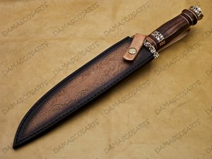 Cuchillo de caza DIY OEM de acero de Damasco con mango de latón y madera, hoja fija dentada, alta durabilidad para exteriores - Product Image 2