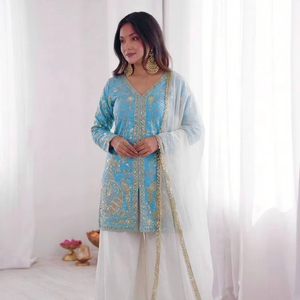 Conjunto de Kurti de Seda de Diseñador Fendi con Bordado de Lentejuelas, Palazzo y Elegante Dupatta – Ropa Étnica Festiva - Product Image 1